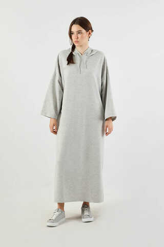 Yırtmaçlı Kapüşonlu Elbise Gri - 3