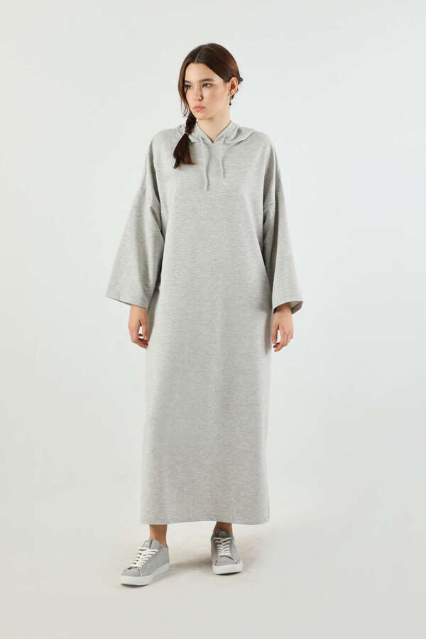 Yırtmaçlı Kapüşonlu Elbise Gri - 3