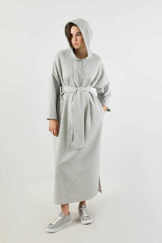Yırtmaçlı Kapüşonlu Elbise Gri - 5