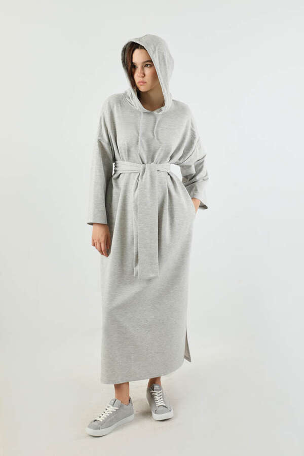 Yırtmaçlı Kapüşonlu Elbise Gri - 5