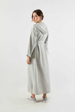 Yırtmaçlı Kapüşonlu Elbise Gri - 6