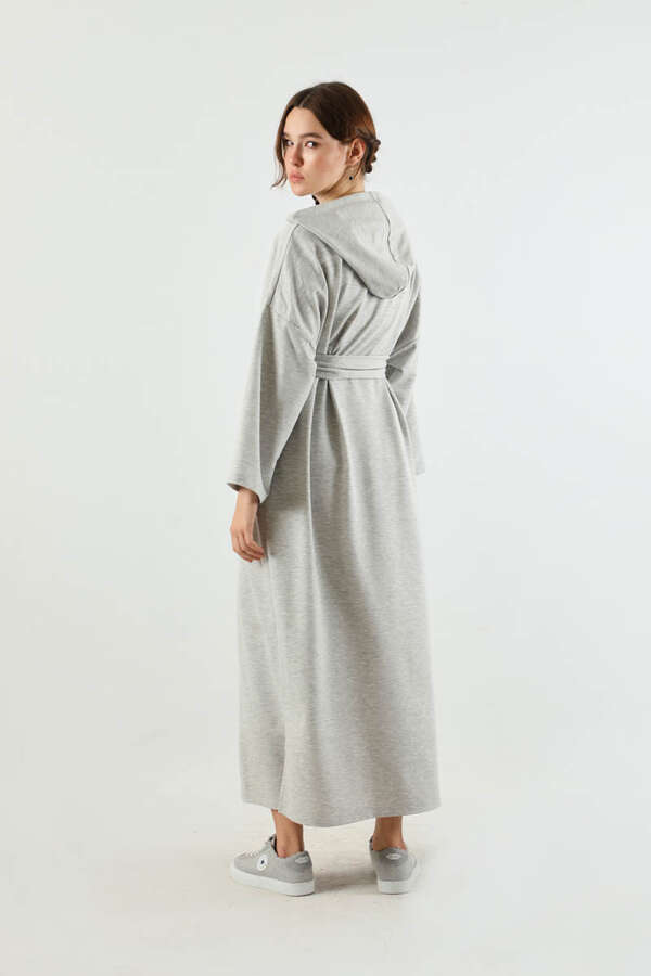 Yırtmaçlı Kapüşonlu Elbise Gri - 6