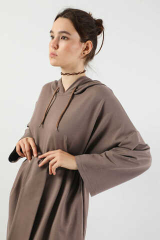 Yırtmaçlı Kapüşonlu Elbise Kahverengi - 2