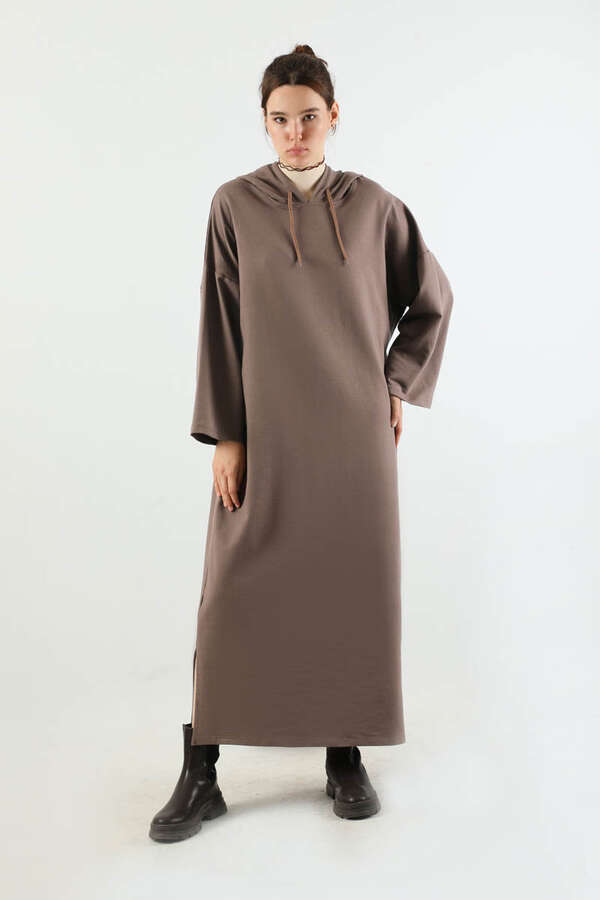 Yırtmaçlı Kapüşonlu Elbise Kahverengi - 3