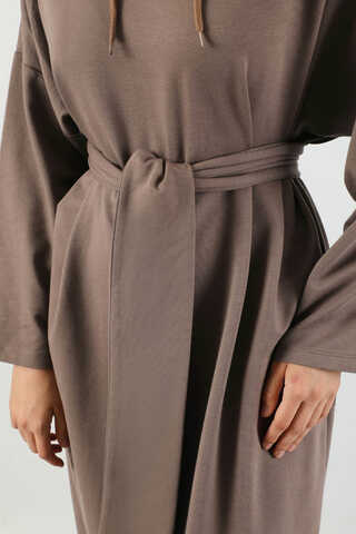 Yırtmaçlı Kapüşonlu Elbise Kahverengi - 4