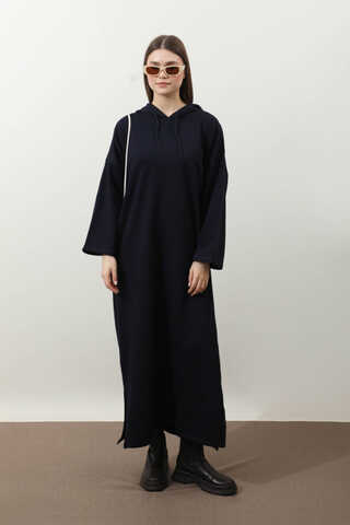 Yırtmaçlı Kapüşonlu Elbise Lacivert - 2