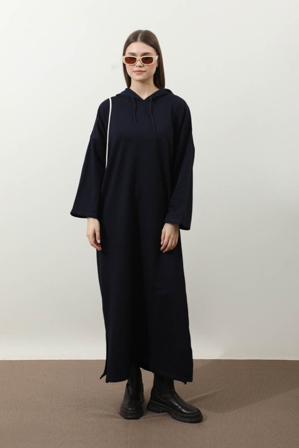 Yırtmaçlı Kapüşonlu Elbise Lacivert - 2
