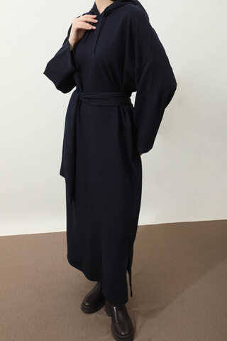 Yırtmaçlı Kapüşonlu Elbise Lacivert - 1