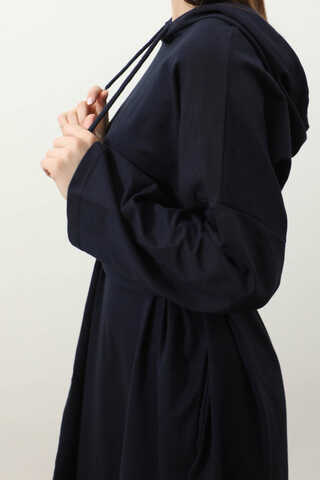 Yırtmaçlı Kapüşonlu Elbise Lacivert - 3