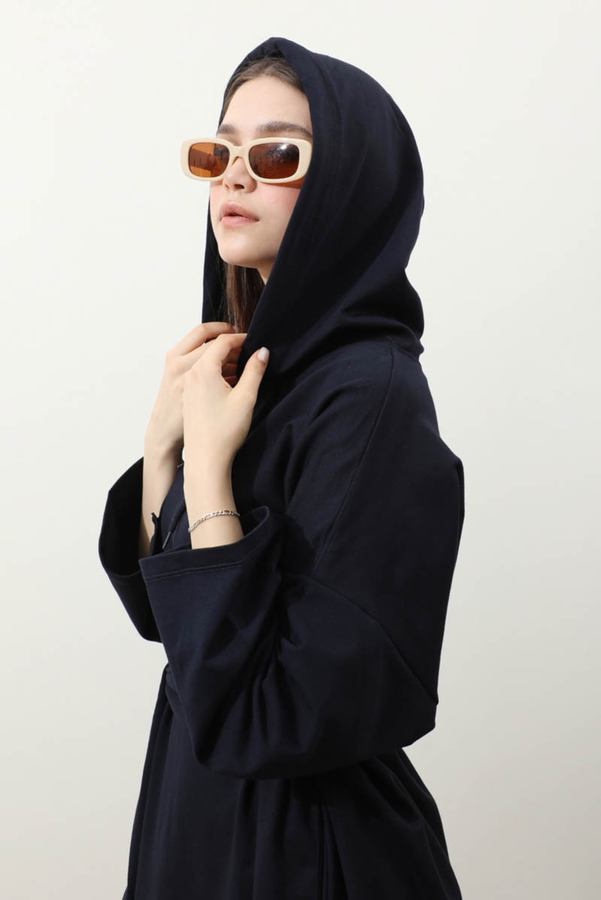 Yırtmaçlı Kapüşonlu Elbise Lacivert - 4