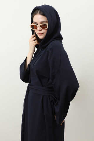 Yırtmaçlı Kapüşonlu Elbise Lacivert - 5