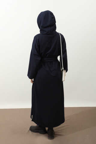 Yırtmaçlı Kapüşonlu Elbise Lacivert - 6
