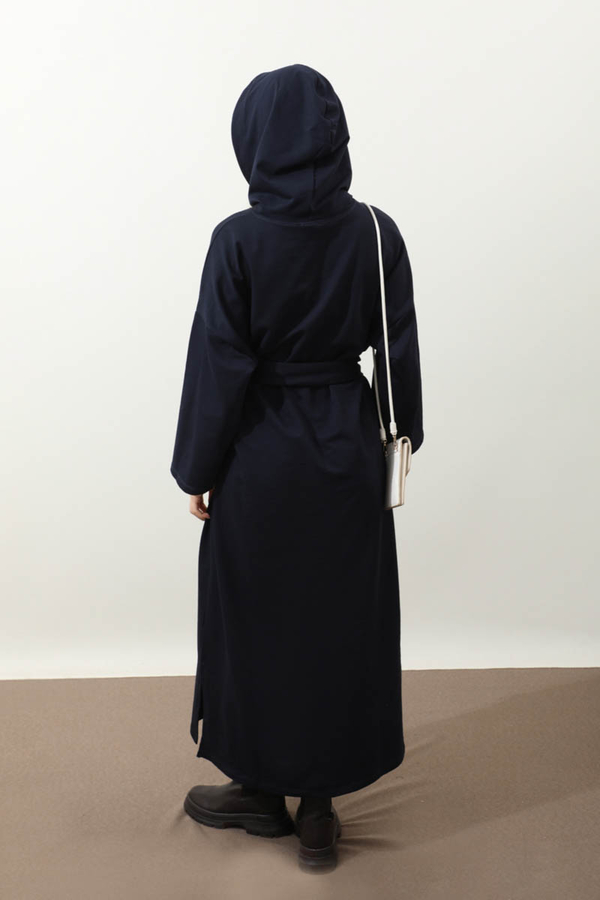Yırtmaçlı Kapüşonlu Elbise Lacivert - 6