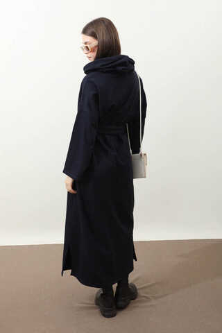 Yırtmaçlı Kapüşonlu Elbise Lacivert - 7