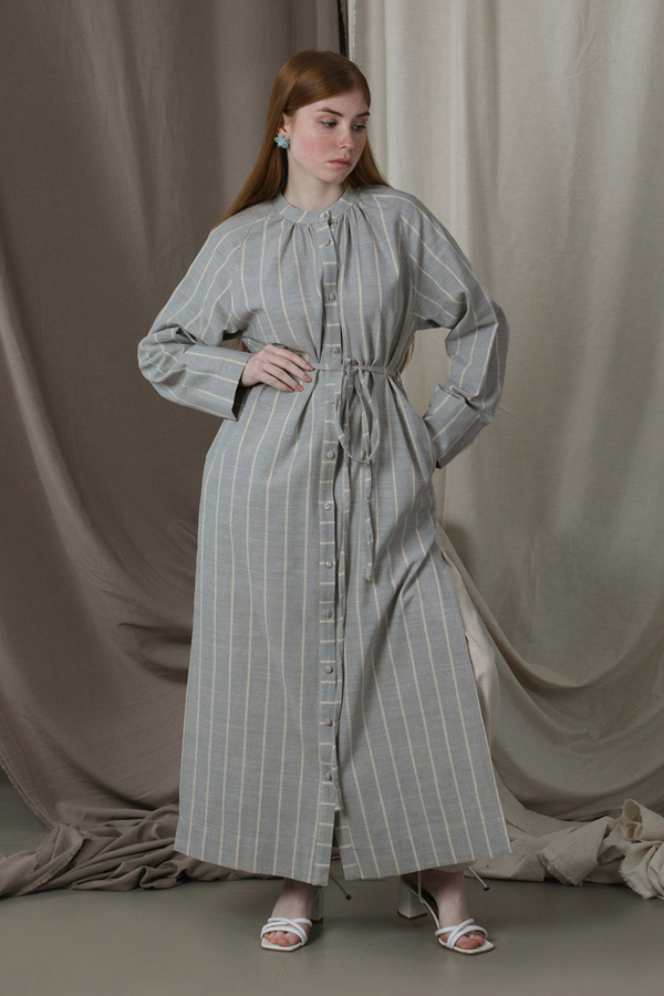 Yırtmaçlı Keten Uzun Tunik Gri - 5