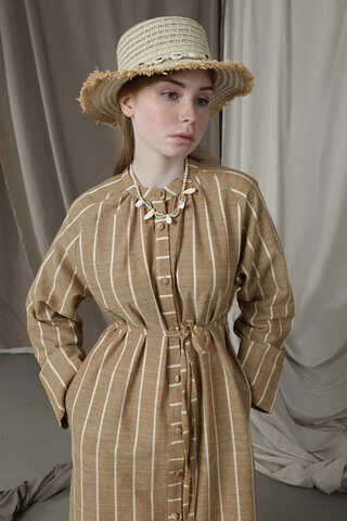 Yırtmaçlı Keten Uzun Tunik Taba - 2