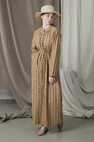 Yırtmaçlı Keten Uzun Tunik Taba - 3