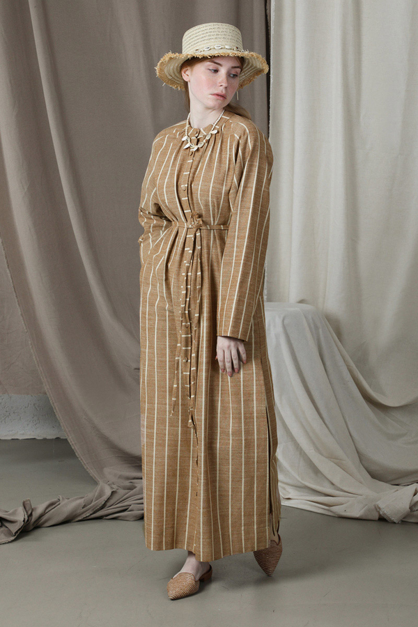 Yırtmaçlı Keten Uzun Tunik Taba - 3