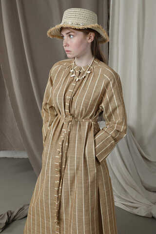 Yırtmaçlı Keten Uzun Tunik Taba - 4