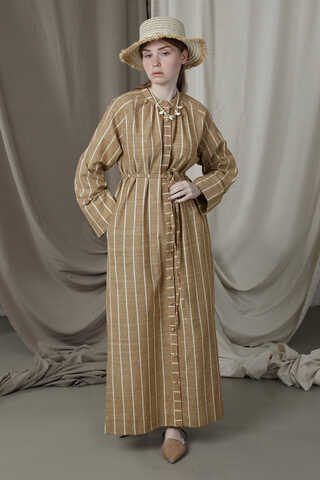 Yırtmaçlı Keten Uzun Tunik Taba - 5