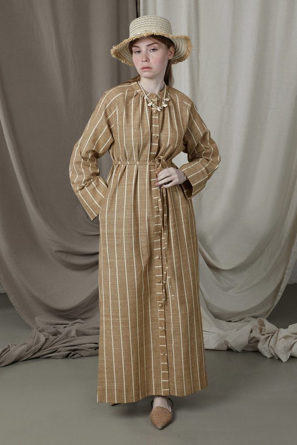 Yırtmaçlı Keten Uzun Tunik Taba - 5