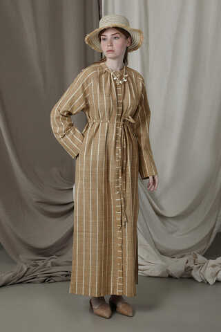 Yırtmaçlı Keten Uzun Tunik Taba - 1