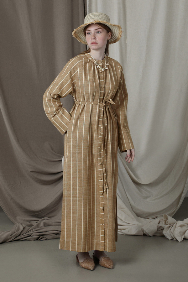 Yırtmaçlı Keten Uzun Tunik Taba 