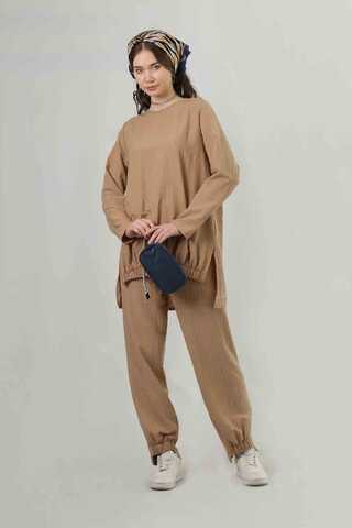 Yırtmaçlı Tunik Pantolon Takım Camel - 1