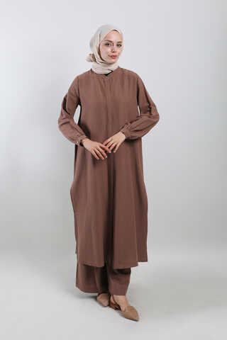 Yırtmaçlı Uzun Gömlek Takım Kahverengi - 1