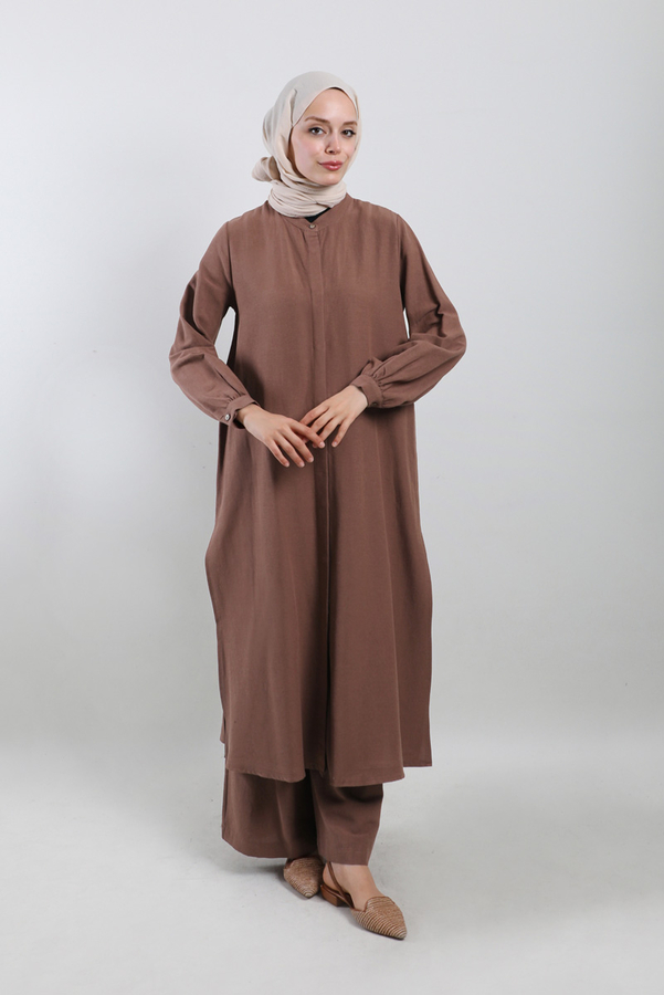 Yırtmaçlı Uzun Gömlek Takım Kahverengi - 1