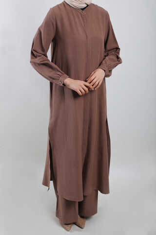Yırtmaçlı Uzun Gömlek Takım Kahverengi - 2