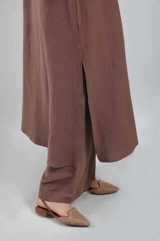 Yırtmaçlı Uzun Gömlek Takım Kahverengi - 4