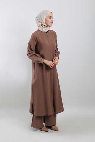 Yırtmaçlı Uzun Gömlek Takım Kahverengi - 3