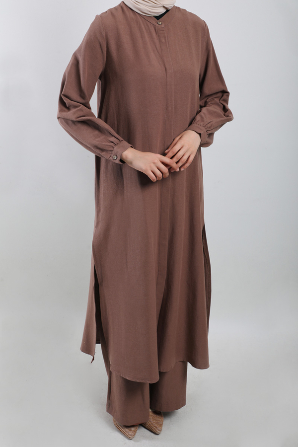 Yırtmaçlı Uzun Gömlek Takım Kahverengi - 2