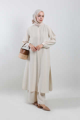Yırtmaçlı Uzun Gömlek Takım Krem - 1