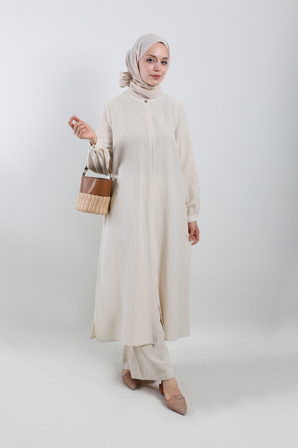 Yırtmaçlı Uzun Gömlek Takım Krem - 2