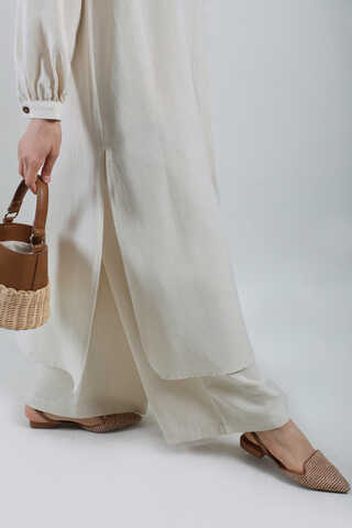 Yırtmaçlı Uzun Gömlek Takım Krem - 4