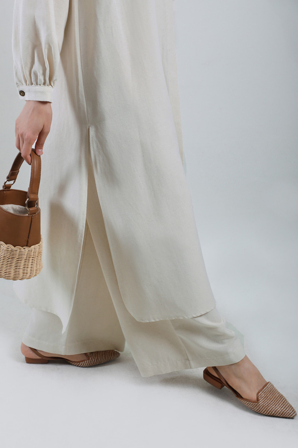 Yırtmaçlı Uzun Gömlek Takım Krem - 4