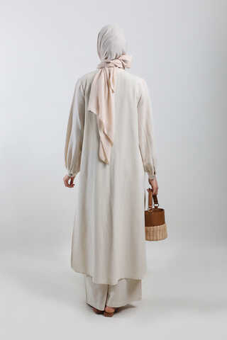 Yırtmaçlı Uzun Gömlek Takım Krem - 7