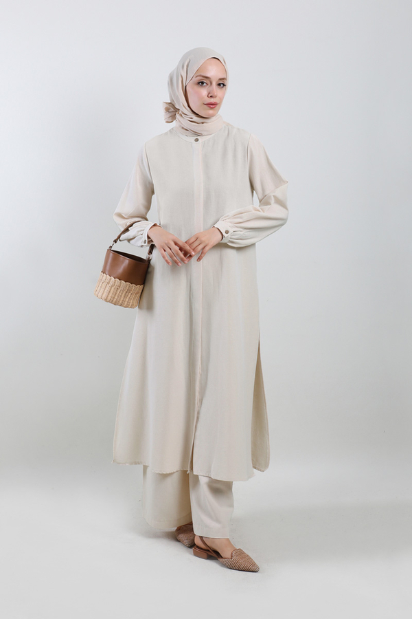 Yırtmaçlı Uzun Gömlek Takım Krem - 1