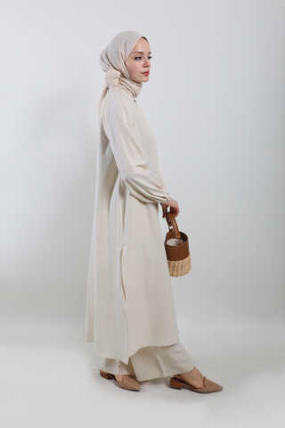 Yırtmaçlı Uzun Gömlek Takım Krem - 3