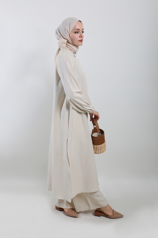 Yırtmaçlı Uzun Gömlek Takım Krem - 3