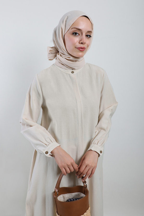 Yırtmaçlı Uzun Gömlek Takım Krem - 5