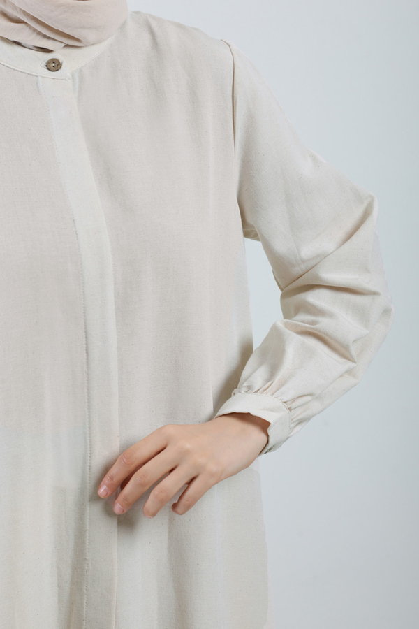 Yırtmaçlı Uzun Gömlek Takım Krem - 6