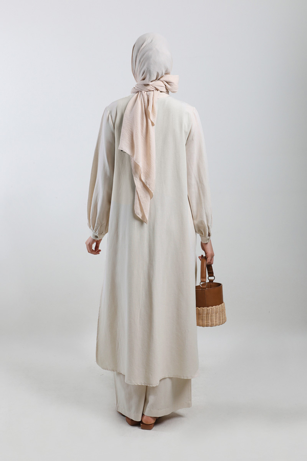 Yırtmaçlı Uzun Gömlek Takım Krem - 7