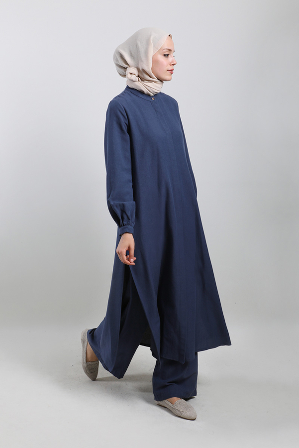 Yırtmaçlı Uzun Gömlek Takım Lacivert - 5