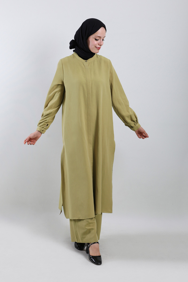 Yırtmaçlı Uzun Gömlek Takım Yağ Yeşili - 3