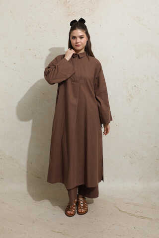 Yırtmaçlı Uzun Tunik Takım Kahverengi - 4