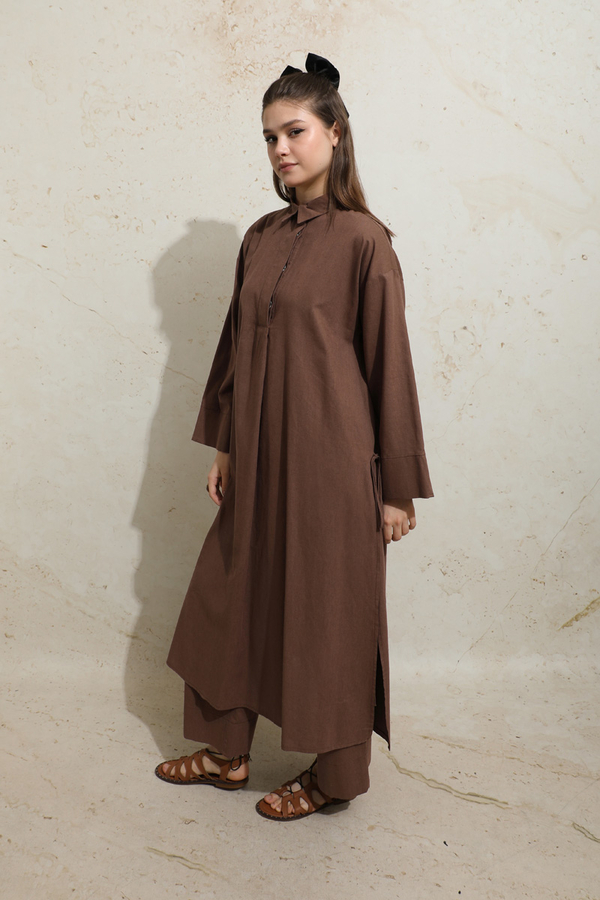 Yırtmaçlı Uzun Tunik Takım Kahverengi - 8