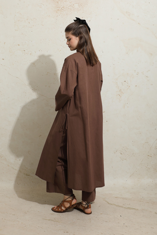 Yırtmaçlı Uzun Tunik Takım Kahverengi - 9